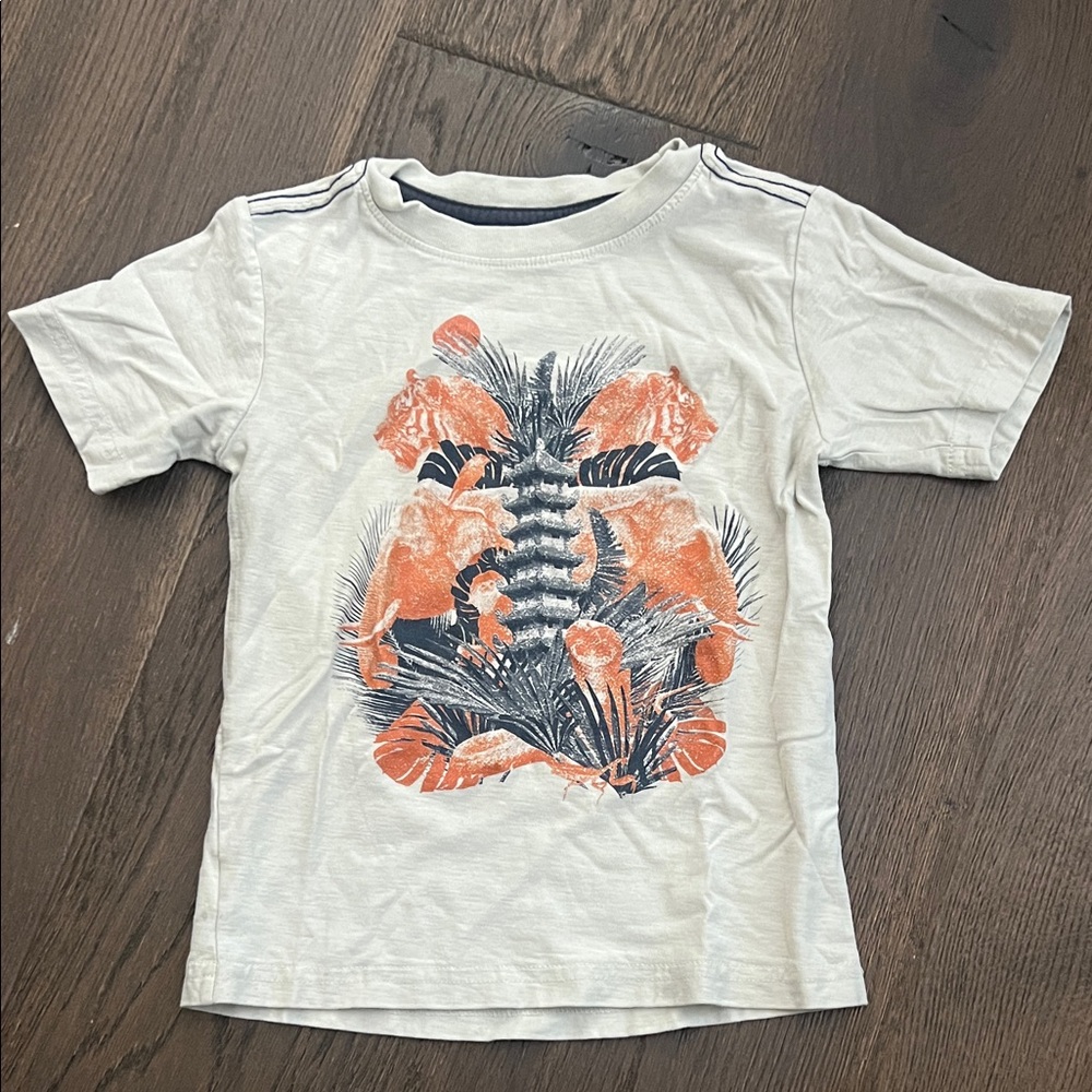 Tea Collection Kids White T-Shirt with Orange & Navy Tropical Print
